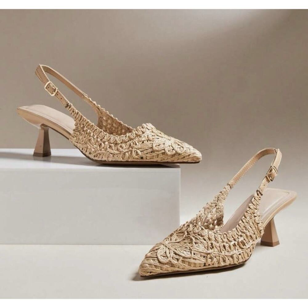 Women’s Slingback Heels Pointed Toe Beige Kitten Heel Elegant Shoes Size 9
